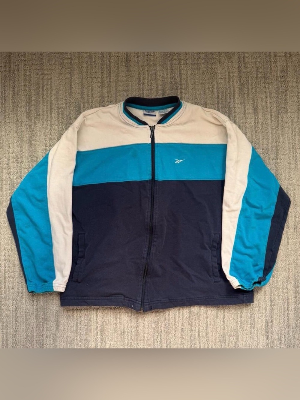 Reebok Men’s Navy, Teal & White Colorblock Zip Up Hoodie Jacket